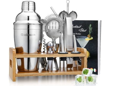 Cocktail Set Godmorn Edelstahl Cocktail Shaker Set 15 Teiliges Barkeeper Set mit Bessere Bambus Staender Rezeptbuch Messbecher