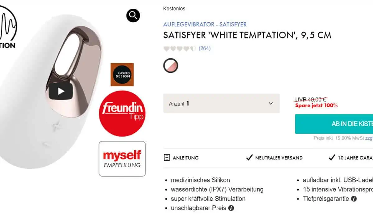 Eis DE: Satisfyer White Temptation Auflegevibrator & 6 Gratisartikel für 0 € (MBW 29,95 €) 🍨