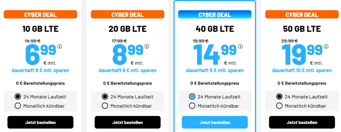 simDE Cyber Deals 🔥 z.B.: 40 GB LTE Allnet Flat für 14,99 € mtl.
