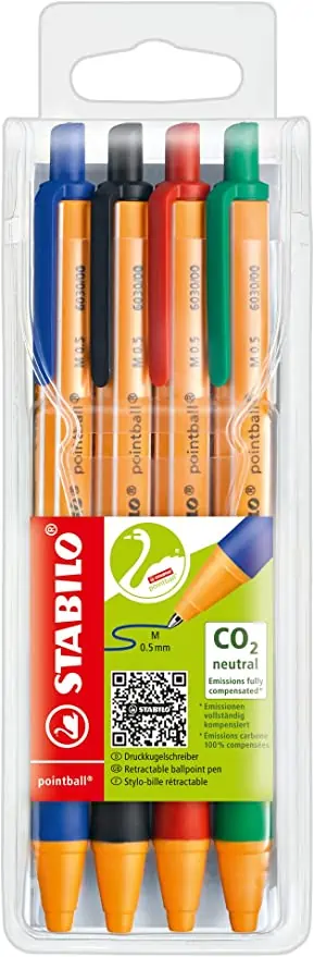 Druck-Kugelschreiber – STABILO pointball – 4er Pack – blau, schwarz, rot, grün (Prime)