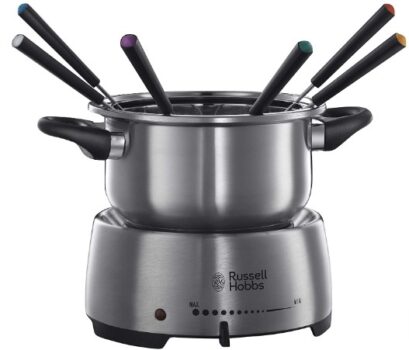 Amazon de Russell Hobbs Fondue elektrisch Set Kaesefondue Schokofondue oder Oel Bruehe Fondue Fiesta inkl 6 farbige Gabeln spuelmaschinenfester antihaftbeschichteter 1 2l Edelstahl Topf 1200W 22560 56