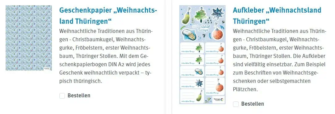 Gratis: Weihnachts Geschenkpapier & Aufkleber vom Land Thüringen