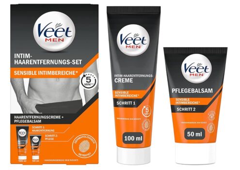 Veet Men Intim Haarentfernungs Set fuer Maenner 100 ml Enthaarungscreme fuer den Intimbereich mit Spa