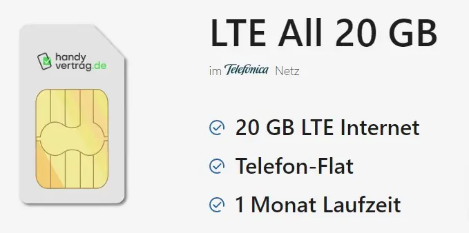 20 GB LTE (50 MBit/s) + Telefon +SMS-Flat + VoLTE u. WLAN Call für 9,99 €/Monat