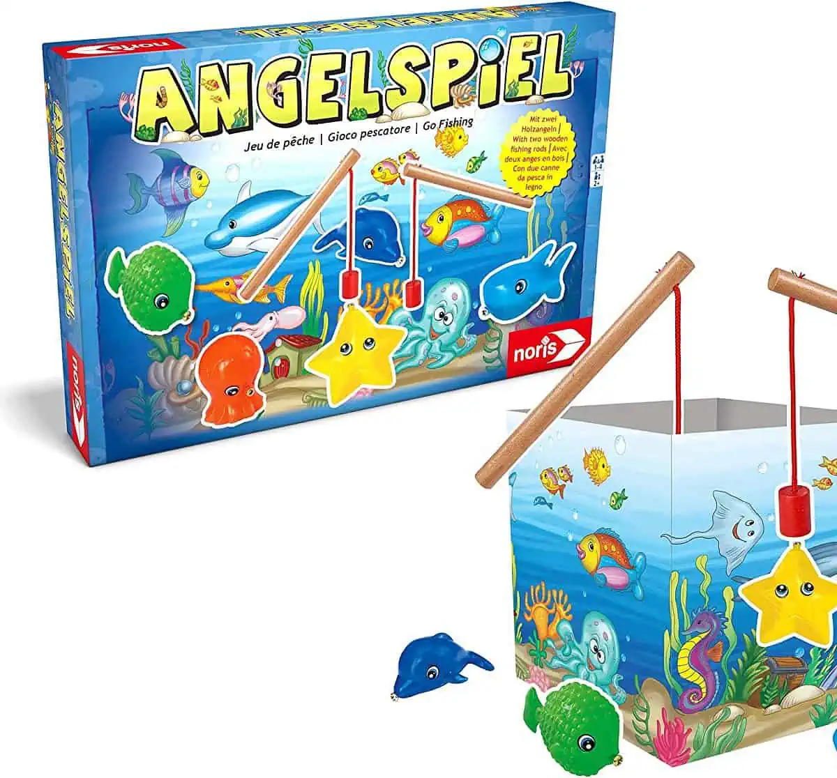 Noris – Angelspiel – spannendes Kinderspiel mit bunten Kunststoff Fisch-Figuren und 2 Holz Angeln für 12,59 € [Prime] statt 15,95 €