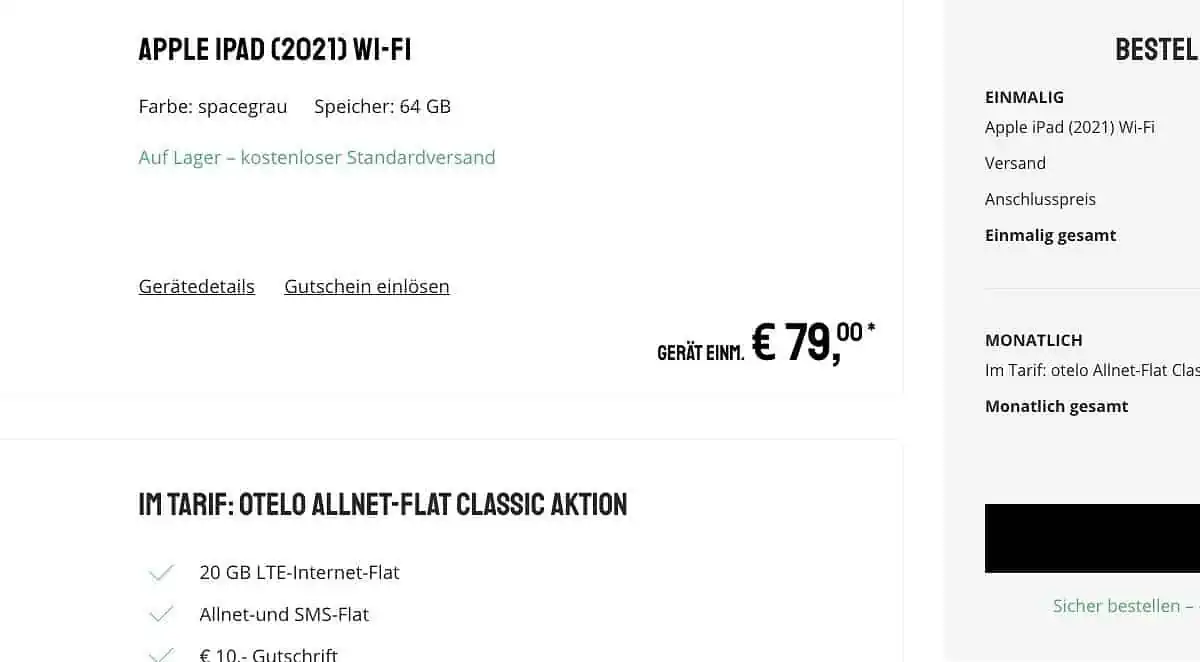 Apple iPad (2021) 64GB WiFi für 79 € + 20GB LTE Vodafone Allnet für mtl. 19,99 € + 10 € Wechselbonus