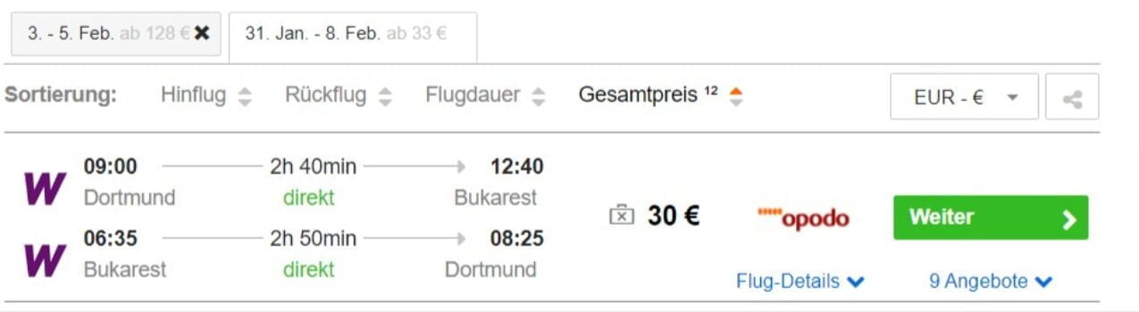 Dortmund nach Bukarest Hin und Rueckflug fuer E