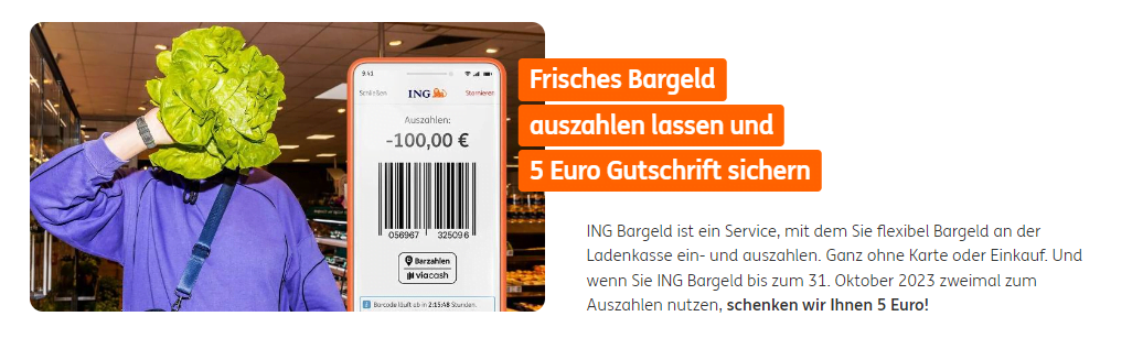 ING: 2 x Bargeld ein- und auszahlen (ab 10,00 €) und 5,00 € Gratis erhalten