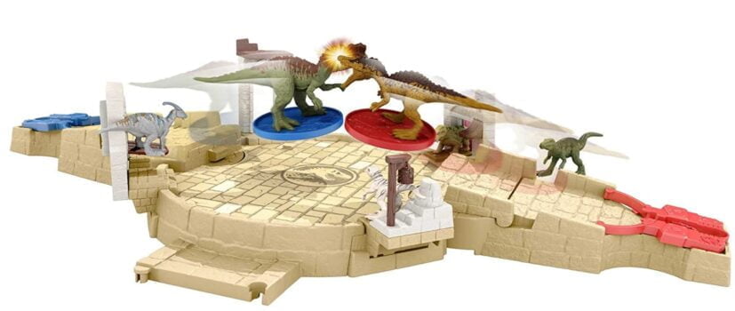 Jurassic World HBT Mini Kampfarena Spielset und Spiel mit Dino Minifiguren Scheibenwerfern