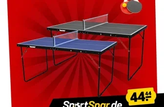 Zwei faltbare Tischtennisplatten in Blau und Schwarz mit Netzen vor rotem Hintergrund und Preisangabe