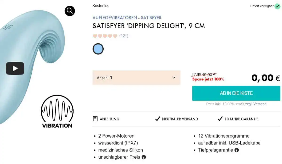 Eis DE: Satisfyer Dipping Delight Auflegevibrator & 6 Gratisartikel für 0 € (MBW 29,95 €) 🍨