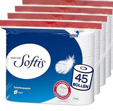 Softis 4-lagiges Toilettenpapier 45 Rollen-Packung (5 x 9 Einzelpackungen) ab 19,94 € inkl. Prime-Versand