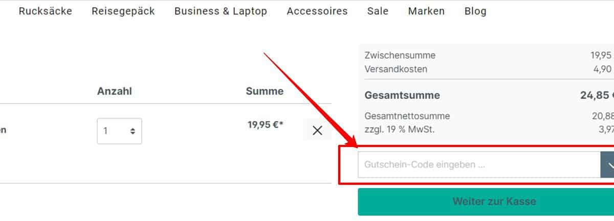 Taschen Rabattcode einloesen