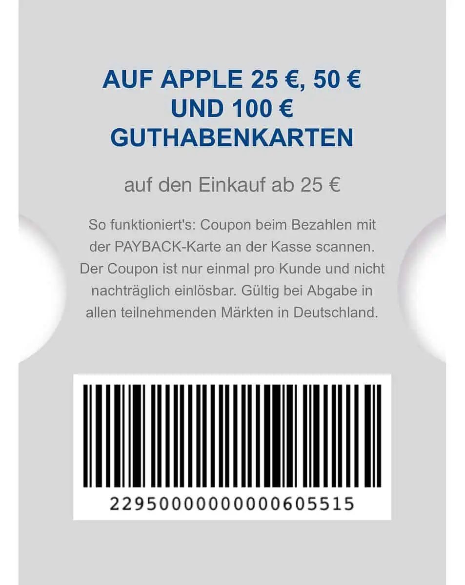 Rewe: 20 Fach Payback Punkte auf Apple Geschenkgutscheine 25 €, 50 € & 100 €