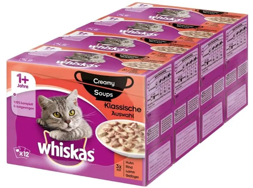 Whiskas 1+ Creamy Soups Katzennassfutter – Klassische Auswahl – 4er Pack (4 x 12 Portionsbeutel à 85g) ab 10,06 € inkl. Versand (statt 17,16 €)