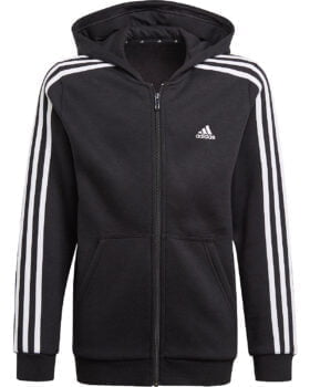 Ein schwarzer Kapuzenpullover mit Reißverschluss und weißen Adidas-Streifen an den Ärmeln und dem kultigen Adidas-Logo auf der Brust, perfekt für jeden PickSport-Fan. Er ist mit zwei Vordertaschen und einer Kapuze ausgestattet.