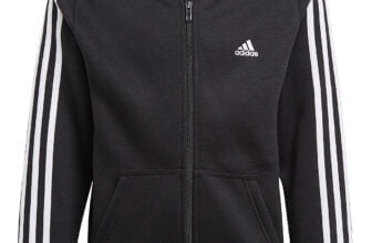 Ein schwarzer Kapuzenpullover mit Reißverschluss und weißen Adidas-Streifen an den Ärmeln und dem kultigen Adidas-Logo auf der Brust, perfekt für jeden PickSport-Fan. Er ist mit zwei Vordertaschen und einer Kapuze ausgestattet.