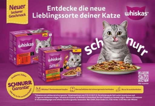 Wir präsentieren die Werbung für Whiskas-Katzenfutter von Mars Inc. Begeistern Sie Ihre neugierige graue Katze mit einer neuen Palette an Geschmacksrichtungen, sowohl trocken als auch nass, präsentiert in kräftigem Lila. Scannen Sie den QR-Code für weitere Details auf Deutsch und stellen Sie sicher, dass die Mahlzeiten Ihrer Katze immer ein Gourmet-Abenteuer sind.