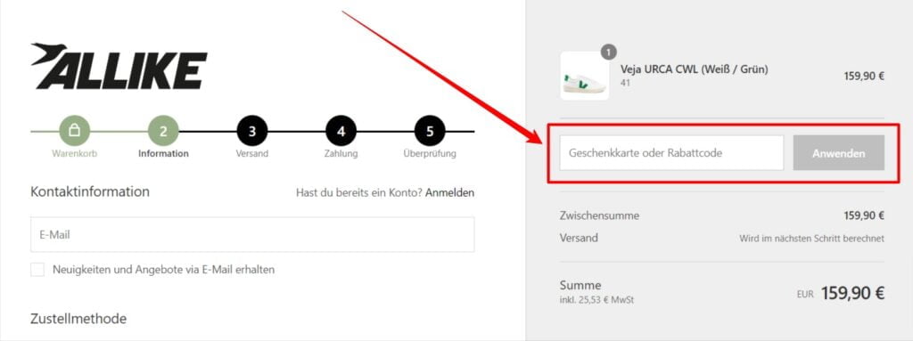 Allike Store Rabattcode einlösen