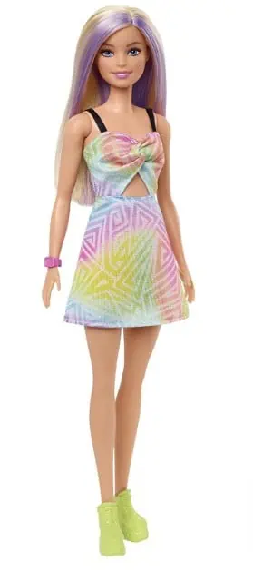 Barbie HBV22 – Fashionistas Puppe (blonde/lila Haare) im ärmellosen Regenbogen-Prisma Kleid für 5,83 € inkl. Prime-Versand (statt 13,99 €)