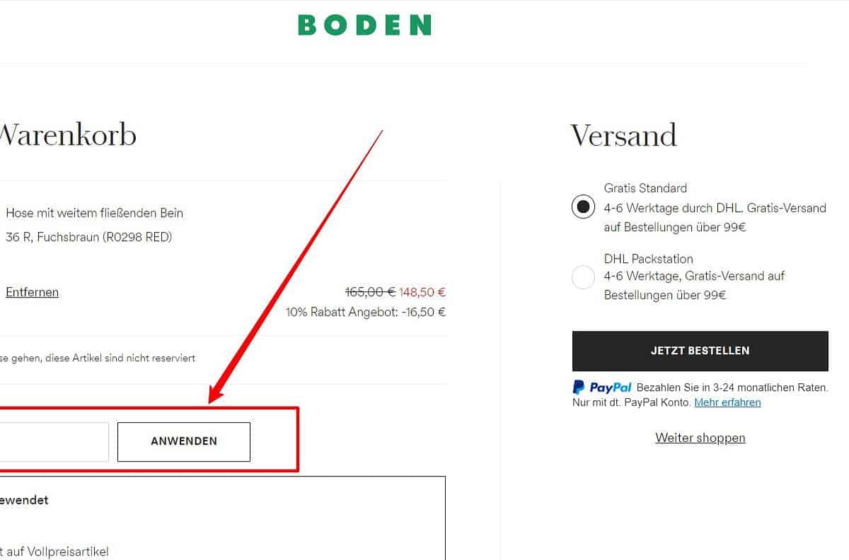 Boden Rabattcode einlösen