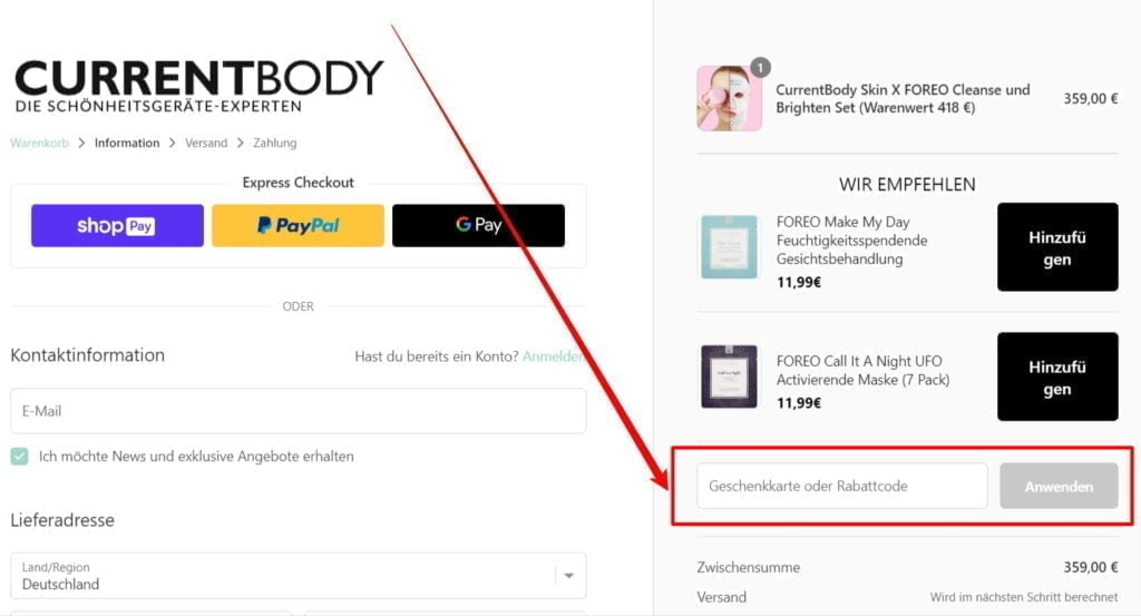 CurrentBody Rabattcode einlösen
