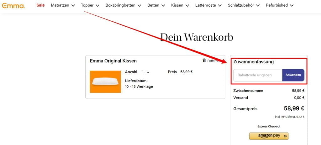 Emma Matratze Rabattcode einlösen