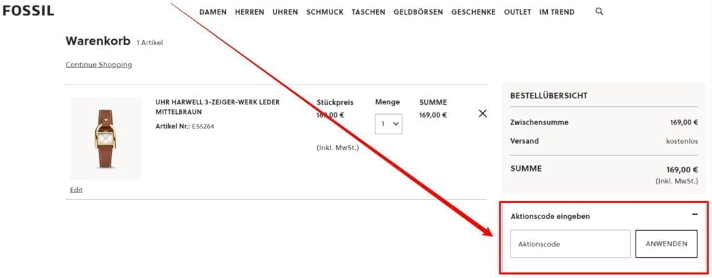 Fossil Rabattcode einlösen