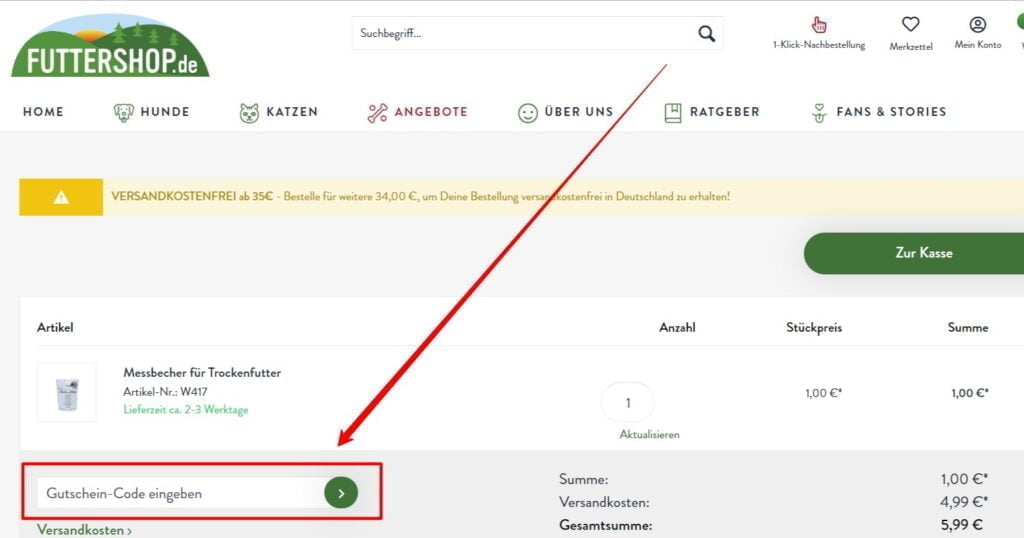 Futtershop Rabattcode einlösen
