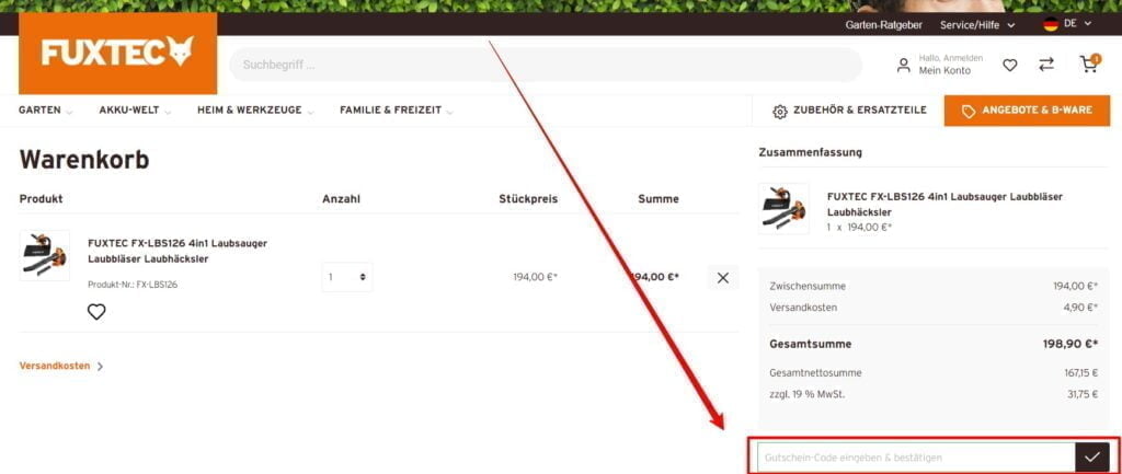 Fuxtec Rabattcode einlösen