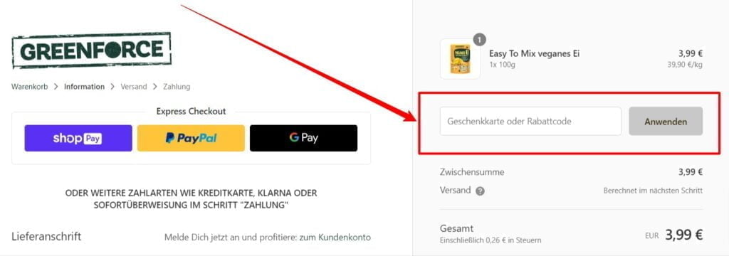 GREENFORCE Rabattcode einlösen