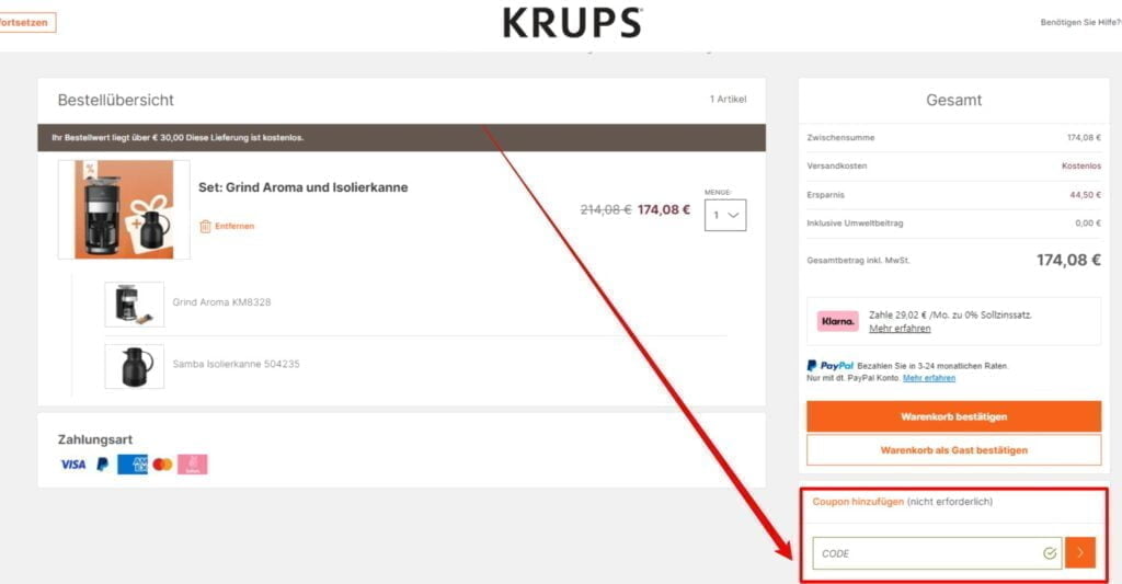 Krups Rabattcode einlösen