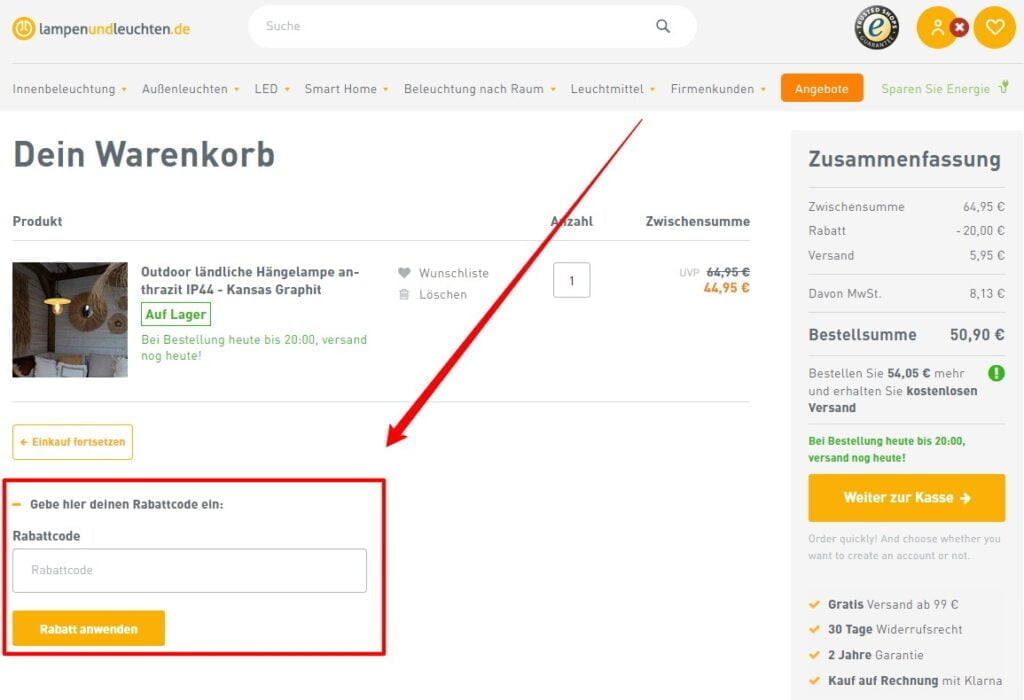 Lampenundleuchten Rabattcode einlösen