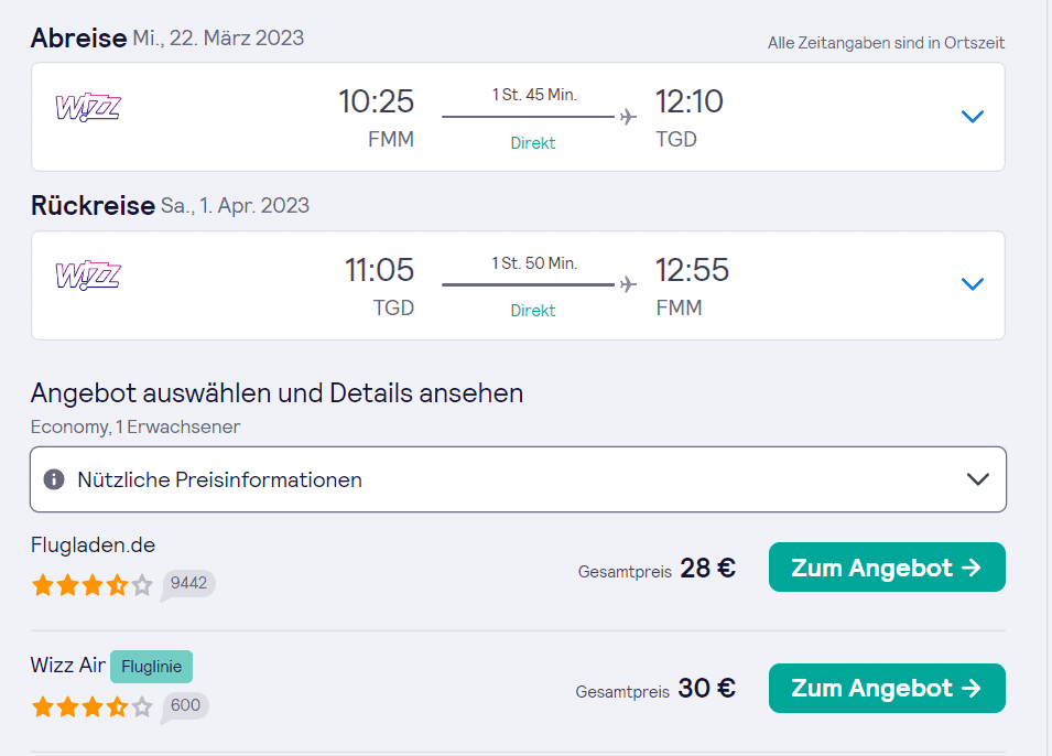 Memmingen nach Podgorica (Montenegro) Hin- und Rückflug ab 28,00 € p. P.