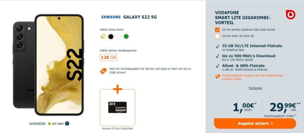 Samsung Galaxy S22 5 G + 30 € Amazon-Gutschein + Vodafone Smart Lite 55 Gb Datenflat 