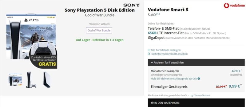 Sony Playstation Disk Edition God of War Bundle Gratis Vodafone Smart S GB LTE Datenflat