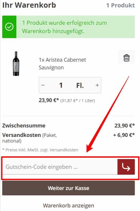 Vineshop Rabattcode einlösen