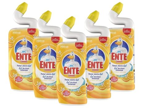 WC-Ente Total Aktiv Gel Flüssiger WC Reiniger 5er Pack - Flaschen aufgereiht für die gründliche Reinigung