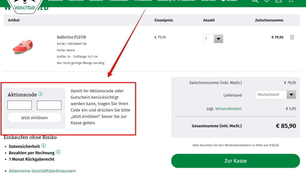 Waschbär Rabattcode einlösen