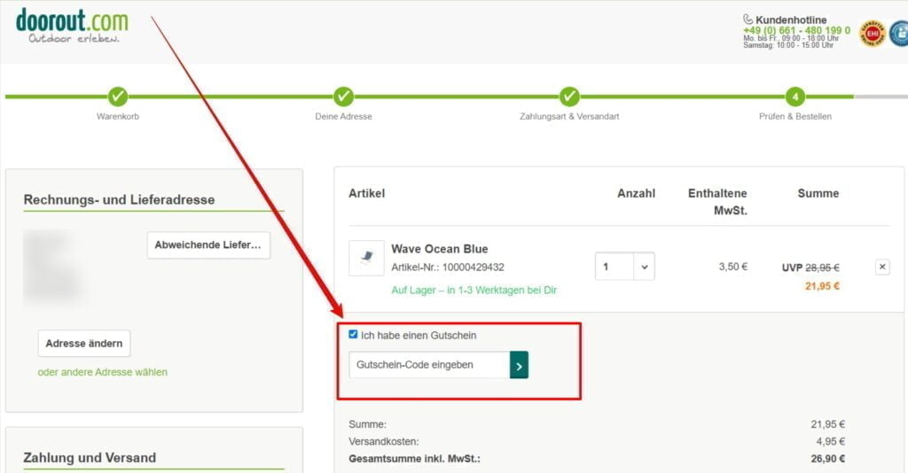 doorout Rabattcode einlösen