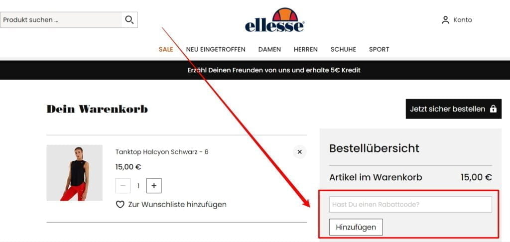 ellesse Rabattcode einlösen