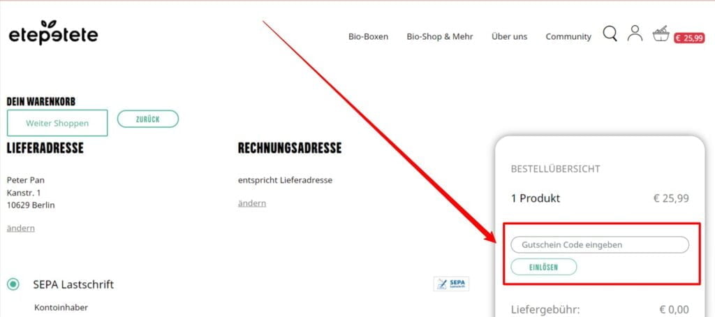 etepetete Rabattcode einlösen