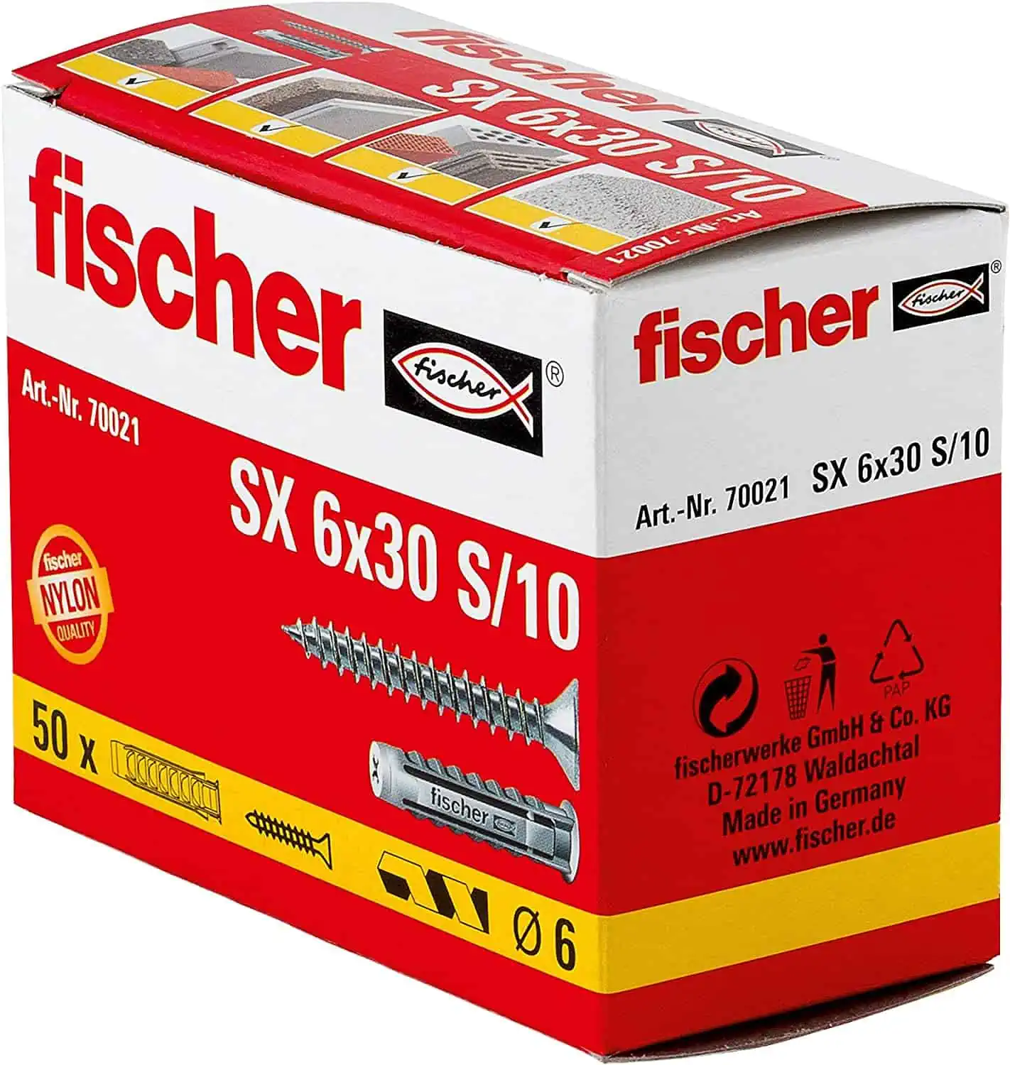 fischer 70021 Spreizdübel SX 6 x 30 S (50 Nylondübeln und passenden Schrauben) für 7,69 € inkl. Prime-Versand (statt 12,12 €)