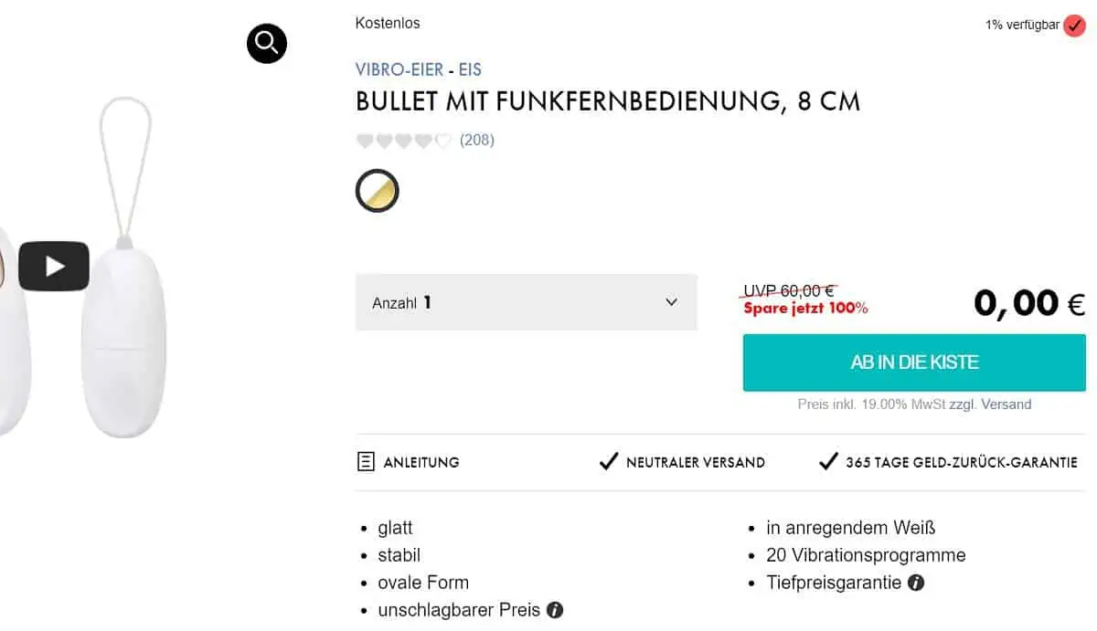 Eis DE: Bullet mit Funkfernbedienung Vibro-Ei für 0 € (MBW 29,95 €) + 6 kostenlose Erotikartikel 🍨
