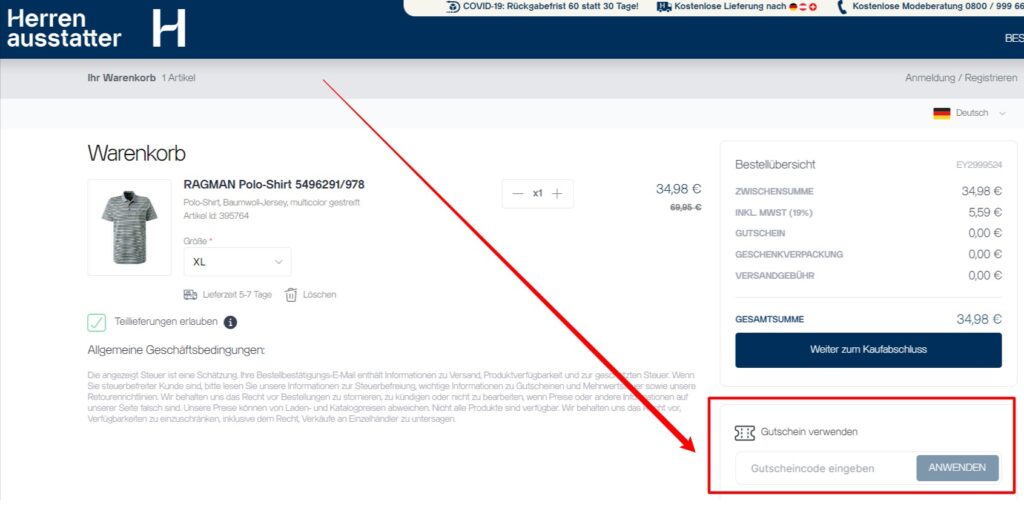 Herrenausstatter Rabattcode einlösen