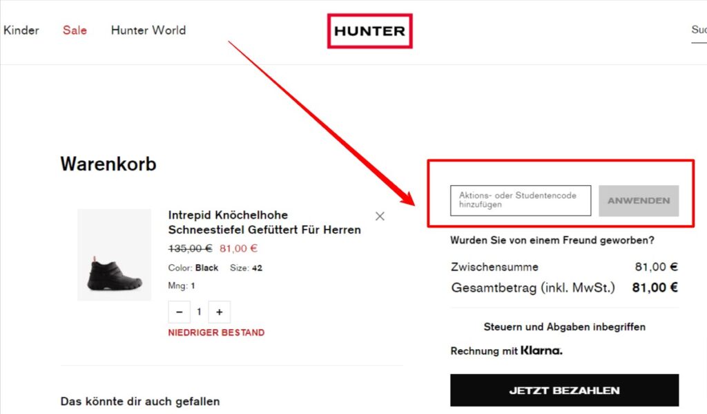 Hunter Rabattcode einlösen