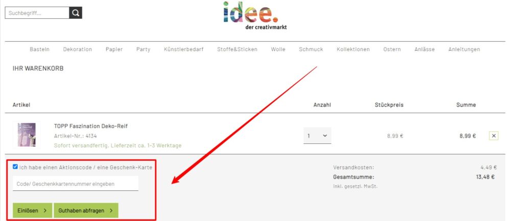 Idee Shop Rabattcode einlösen