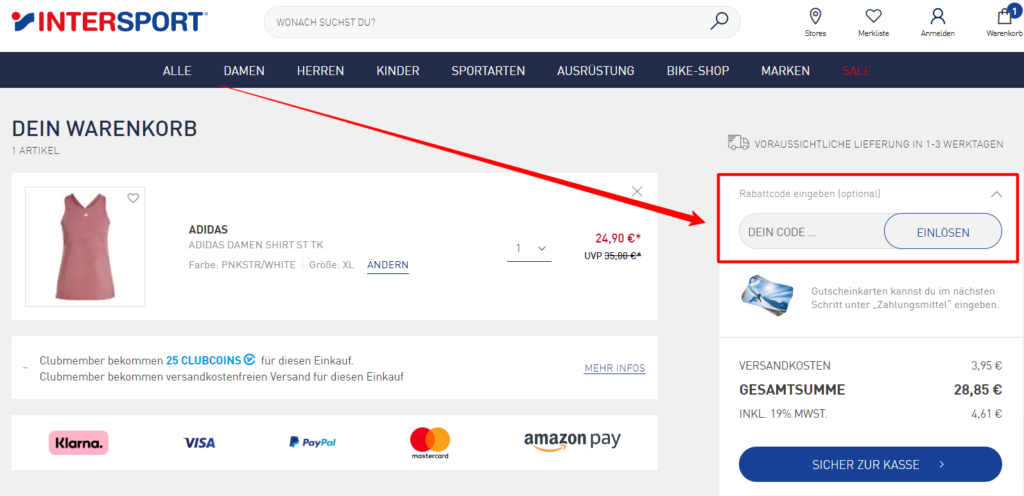 Intersport Rabattcode einlösen