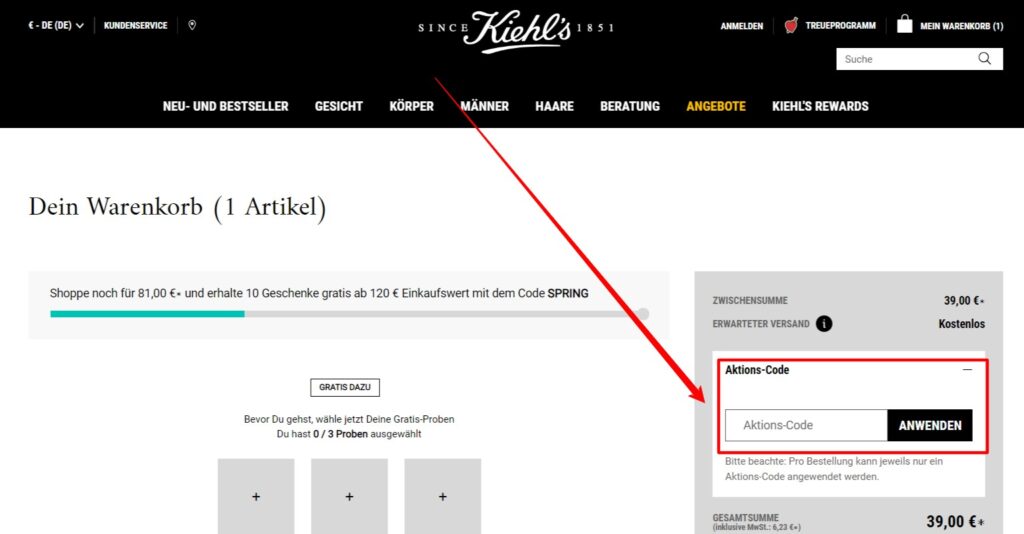 Kiehls Rabattcode einlösen