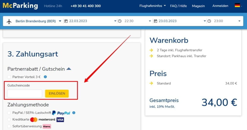 McParking Rabattcode einlösen